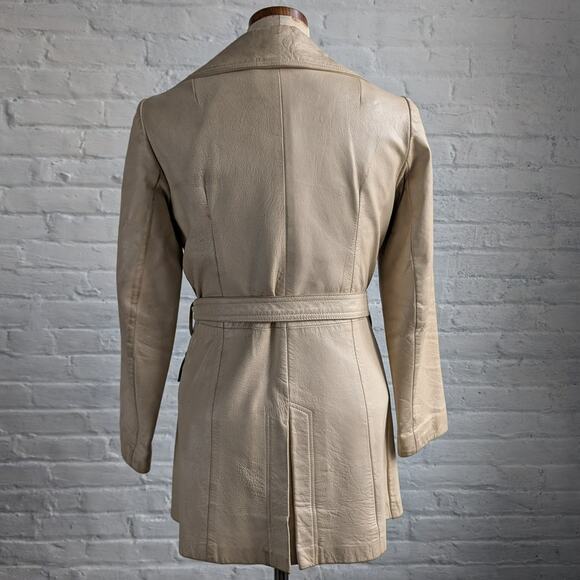 70s Vintage White Genuine Leather Trench Coat Minimalist Boho Moto Biker Jacket - Picture 3 of 8